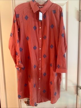 J. Jill Coral Shirt Dress with Blue Floral Embroidery
